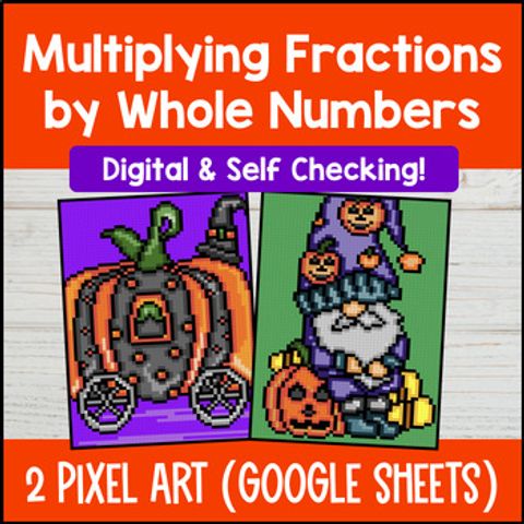Thumbnail for Multiplying Fractions by Whole Numbers Word Problems Halloween Digital Pixel Art