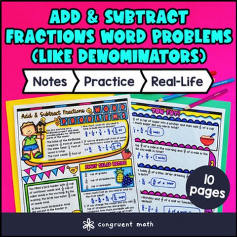 Thumbnail for Adding and Subtracting Fractions Word Problems Guided Notes w/ Doodles 4.NF.B.3d