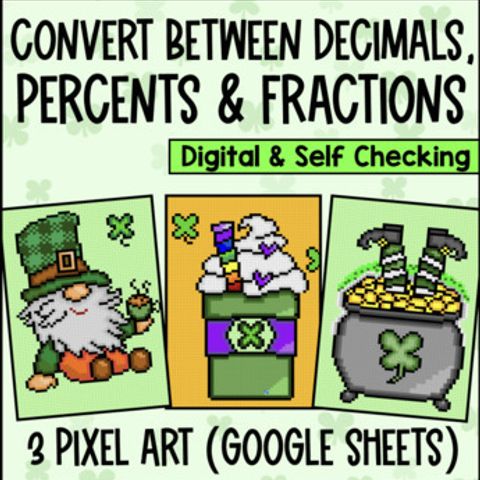 Thumbnail for Converting Fractions, Decimals, and Percents Digital Pixel Art | St. Patrick's