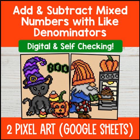 Thumbnail for Adding and Subtracting Mixed Numbers with Like Denominators Halloween Pixel Art