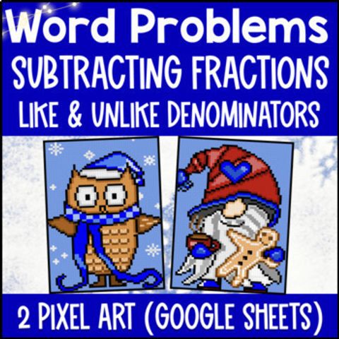 Thumbnail for [Winter Math] Subtracting Fractions Word Problems Digital Pixel Art Denominators