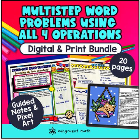 Thumbnail for Multi step Word Problems 4th Grade 5th grade Guided Notes & Pixel Art Multistep