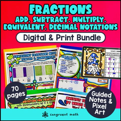 Thumbnail for Adding Subtracting Multiplying Fractions Mixed Number Guided Notes Pixel Art 4th