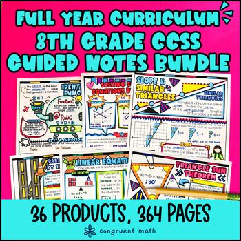 8th Grade Math Full-Year Guided Notes Back to School CCSS Lesson with Doodles