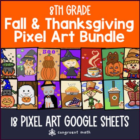 Thumbnail for 8th Grade Math Thanksgiving Math Digital Pixel Art Bundle | Fall Math CCSS TEKS