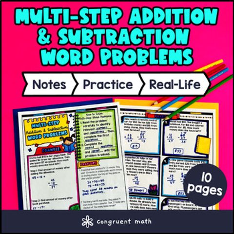 Thumbnail for Multi-step Addition & Subtraction Word Problems Guided Notes Doodles 4th Grade