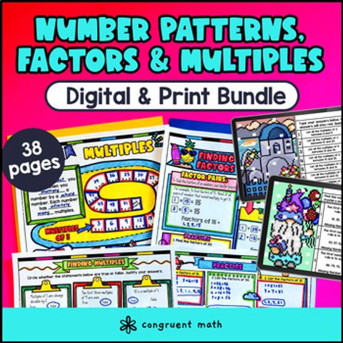 Thumbnail for Number Patterns Factors Multiples 4th Grade Guided Notes Pixel Art Digital Print