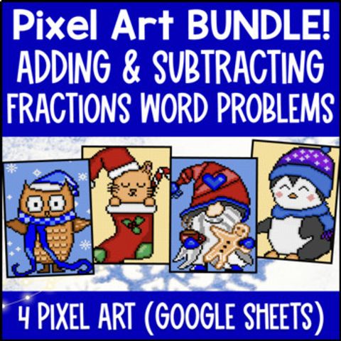 Thumbnail for [Winter] Adding and Subtracting Fractions Word Problems Pixel Art BUNDLE