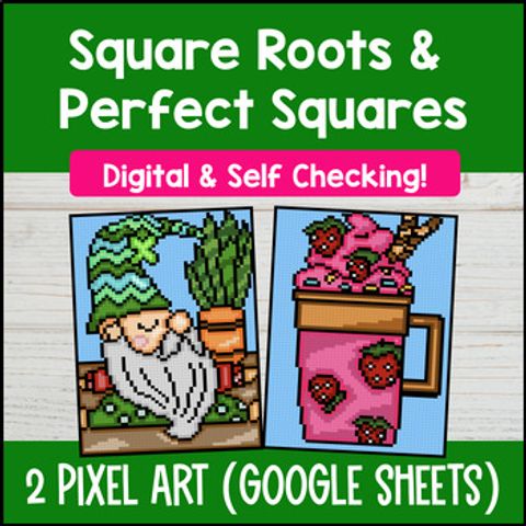 Thumbnail for Perfect Squares and Square Roots Equations Digital Pixel Art | Spring Themed