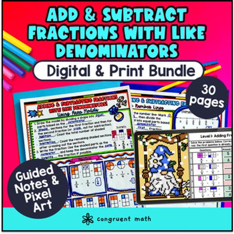 Thumbnail for Adding and Subtracting Fractions with Like Denominators Guided Notes & Pixel Art