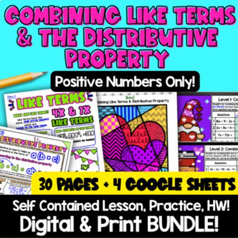 Thumbnail for Combining Like Terms & Distributive Property Simplify Expressions Print Digital