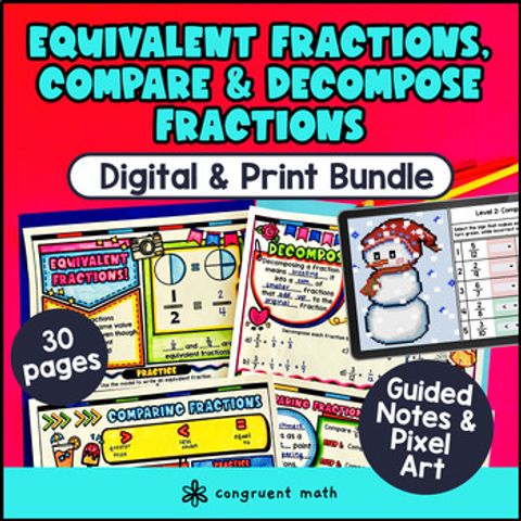 Thumbnail for Equivalent Fractions Compare Decompose Fraction Guided Notes Pixel Art 4th Grade