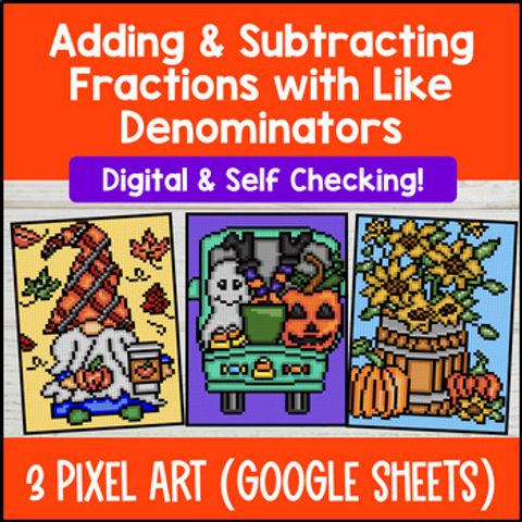 Thumbnail for Adding and Subtracting Fractions w Like Denominators Digital Pixel Art Halloween