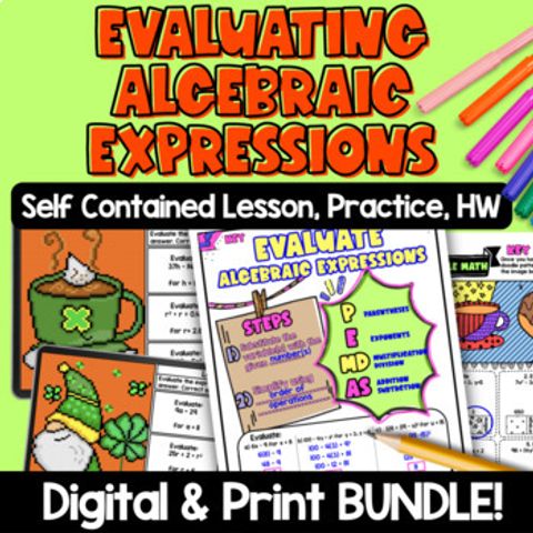 Thumbnail for Evaluate Algebraic Expressions Guided Notes & Pixel Art | St. Patrick's Day Math