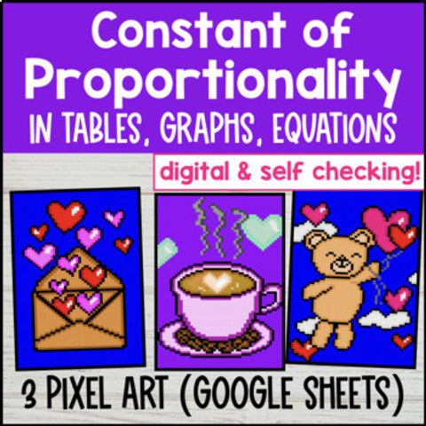 Thumbnail for Constant of Proportionality Pixel Art Tables, Graphs, Equations Valentine's Day