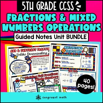 Fraction and Mixed Number Operations Guided Notes w Doodles | 5th Grade Unit