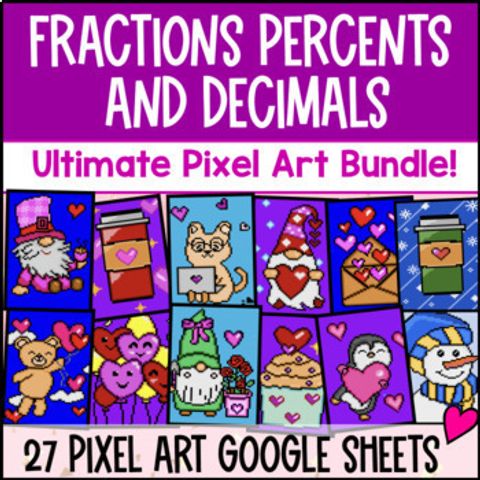 Thumbnail for Fractions, Decimals, Percents Digital Pixel Art BUNDLE | Valentine's Day Math