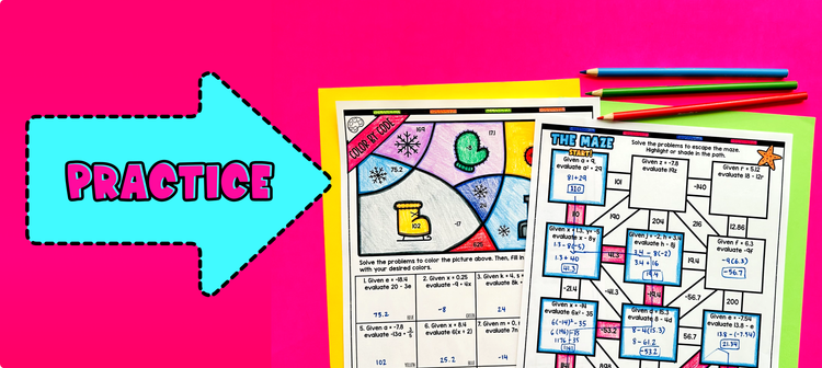 Evaluating Algebraic Expressions (Rational Numbers) Maze and Color by Number Activity