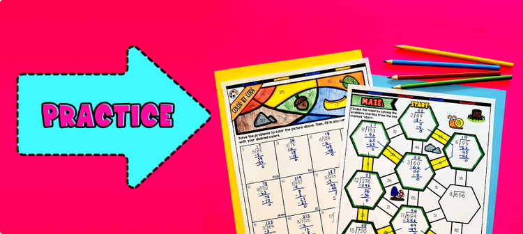 Long Division of Whole Numbers Practice - maze activity, color by number, problem sets