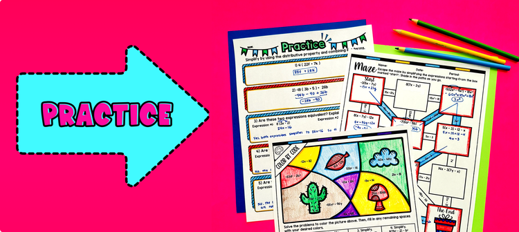 Distributive Property and Combining Like Terms Rational Number Coefficients Maze & Color by Number Worksheets