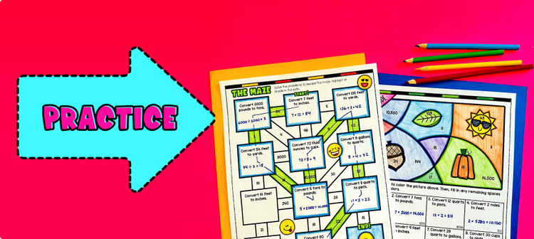 Converting Customary Units of Measurements Guided Notes with Doodles & Sketch Notes - Maze and Color by Number Activity