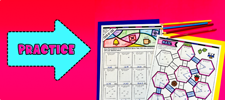 Plotting on the Coordinate Plane (First Quadrant) Lesson Plan Practice - Maze, Color by Number Activity, Problem Sets