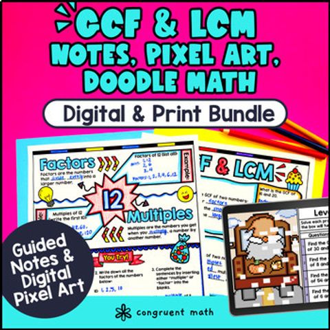 Thumbnail for GCF and LCM Digital & Print Bundle | Guided Notes Pixel Art Doodle Math