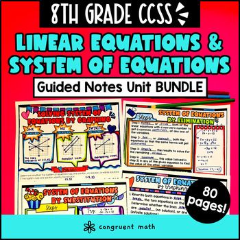 Linear Equations & System of Equations Guided Notes Unit Bundle | 8th Grade CCSS