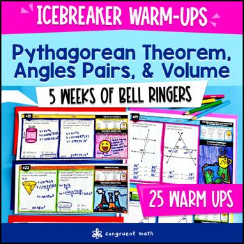 Pythagorean Theorem, Angles, Volume Cylinders Cones 8th Grade Math Warm Ups CCSS