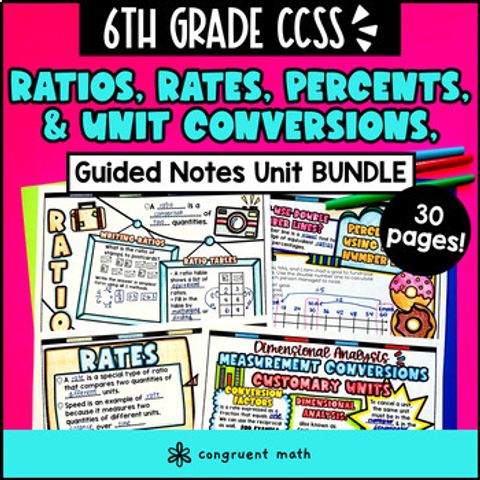 Thumbnail for Ratios, Rates, Percents, Measurement Units Guided Notes BUNDLE | 6th Grade CCSS