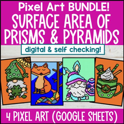 Thumbnail for Surface Area of Prisms and Pyramids Digital Pixel Art BUNDLE | Geometry