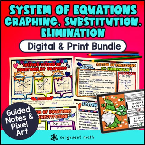 Thumbnail for System of Equations Graphing Substitution Elimination Guided Notes & Pixel Art