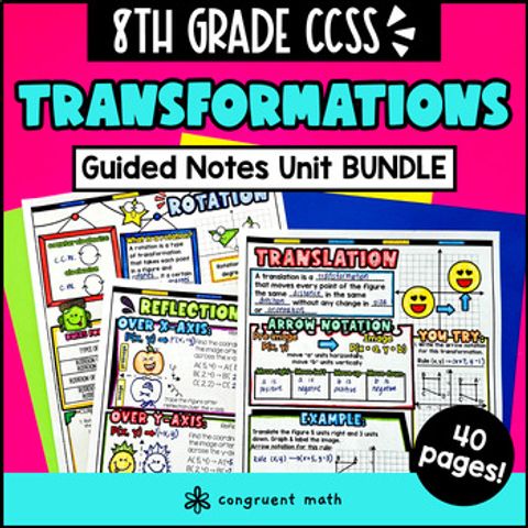 Thumbnail for Transformations  Translations Reflections Rotations Dilation Guided Notes 8th Gr