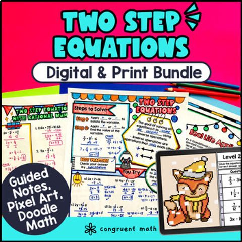 Thumbnail for Two Step Equations Rational Numbers | 7th 8th Grade Notes Pixel Art Doodle Math